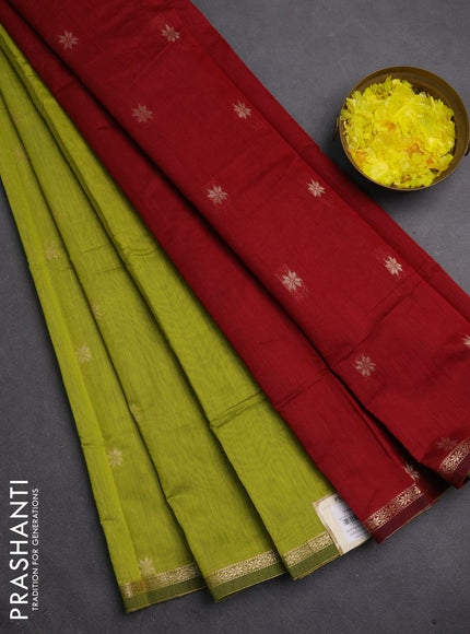 Semi maheswari cotton saree lime green and maroon with zari woven buttas and small zari woven border