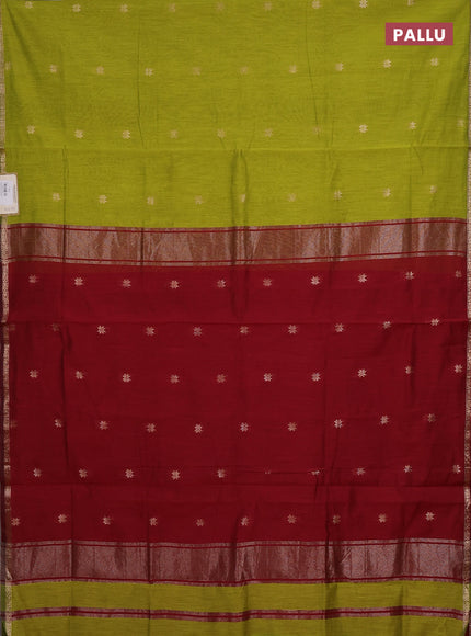 Semi maheswari cotton saree lime green and maroon with zari woven buttas and small zari woven border