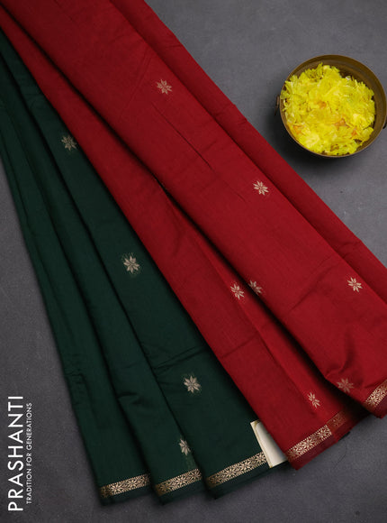 Semi maheswari cotton saree bottle green and maroon with zari woven buttas and small zari woven border