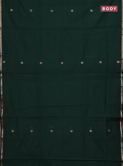 Semi maheswari cotton saree bottle green and maroon with zari woven buttas and small zari woven border