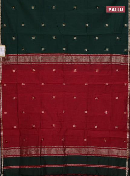 Semi maheswari cotton saree bottle green and maroon with zari woven buttas and small zari woven border