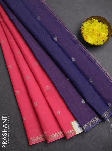 Semi maheswari cotton saree pink shade and blue with zari woven buttas and small zari woven border
