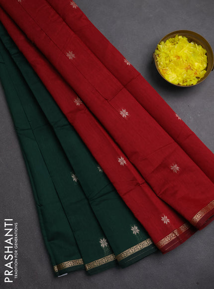 Semi maheswari cotton saree bottle green and maroon with zari woven buttas and small zari woven border