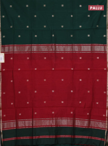 Semi maheswari cotton saree bottle green and maroon with zari woven buttas and small zari woven border