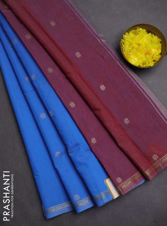 Semi maheswari cotton saree cs blue and maroon shade with silver zari woven buttas and small zari woven border