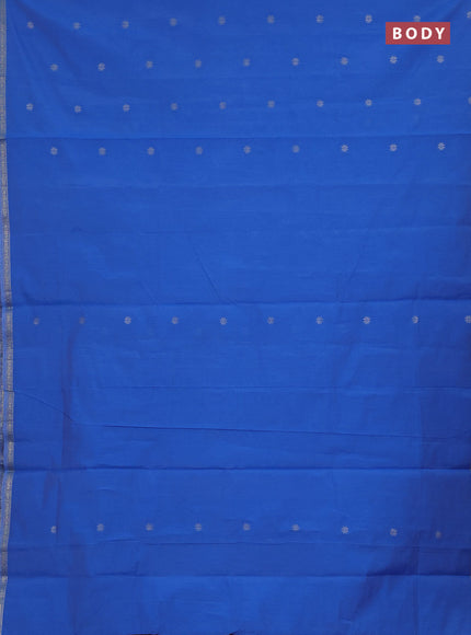 Semi maheswari cotton saree cs blue and maroon shade with silver zari woven buttas and small zari woven border