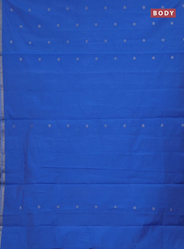 Semi maheswari cotton saree cs blue and maroon shade with silver zari woven buttas and small zari woven border