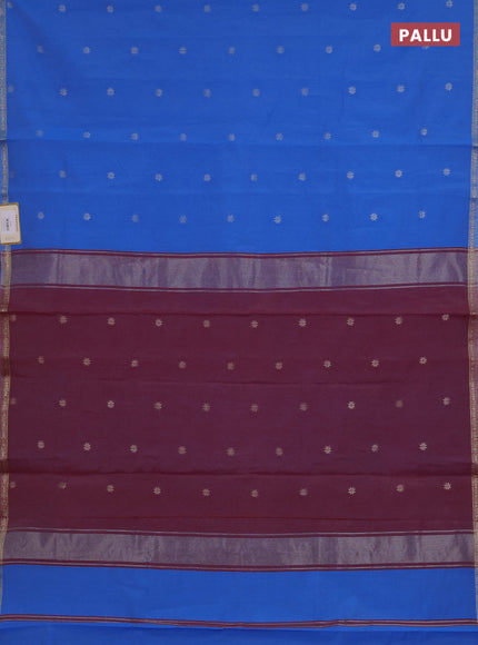 Semi maheswari cotton saree cs blue and maroon shade with silver zari woven buttas and small zari woven border