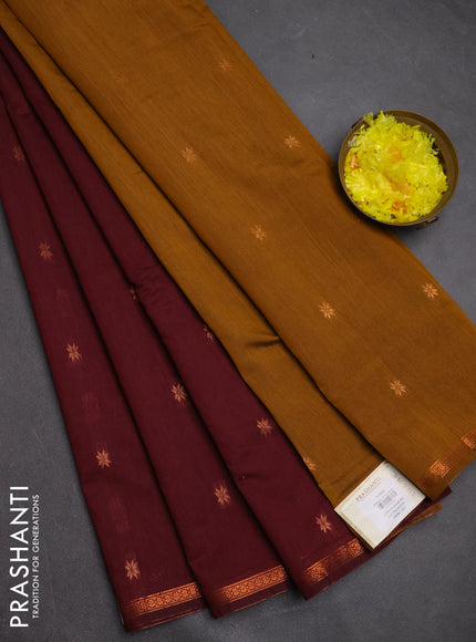 Semi maheswari cotton saree dark mustard and wine with copper zari woven buttas and small copper zari woven border