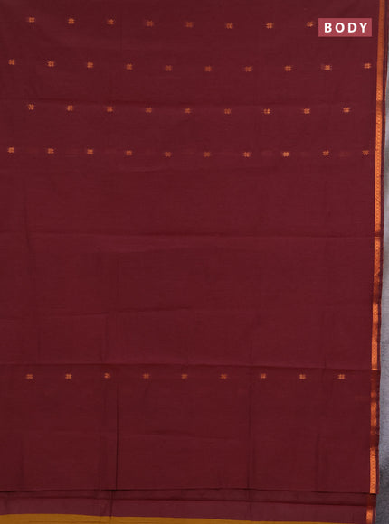 Semi maheswari cotton saree dark mustard and wine with copper zari woven buttas and small copper zari woven border