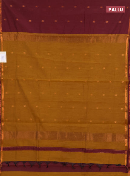 Semi maheswari cotton saree dark mustard and wine with copper zari woven buttas and small copper zari woven border