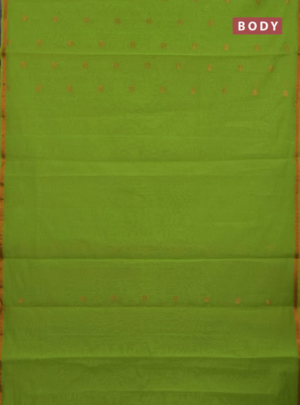 Semi maheswari cotton saree light green and rust shade with copper zari woven buttas and small copper zari woven border