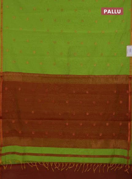 Semi maheswari cotton saree light green and rust shade with copper zari woven buttas and small copper zari woven border