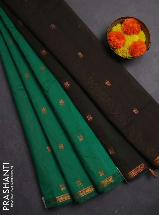 Semi maheswari cotton saree green and olive green with copper zari woven buttas and small copper zari woven border