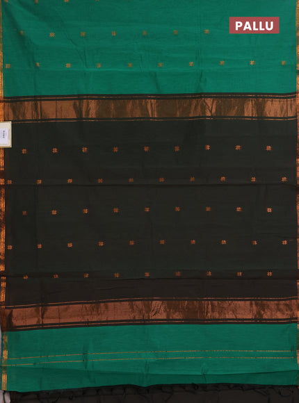 Semi maheswari cotton saree green and olive green with copper zari woven buttas and small copper zari woven border