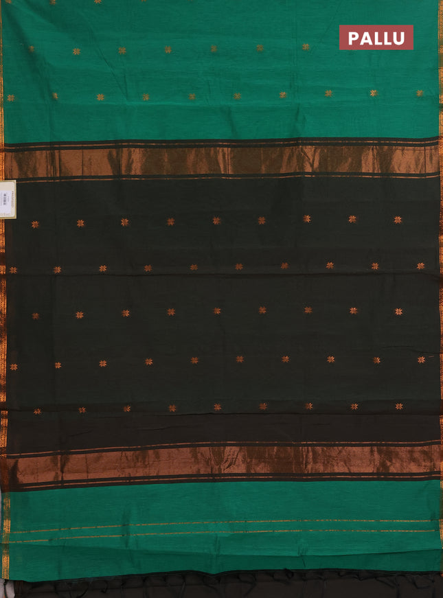 Semi maheswari cotton saree green and olive green with copper zari woven buttas and small copper zari woven border