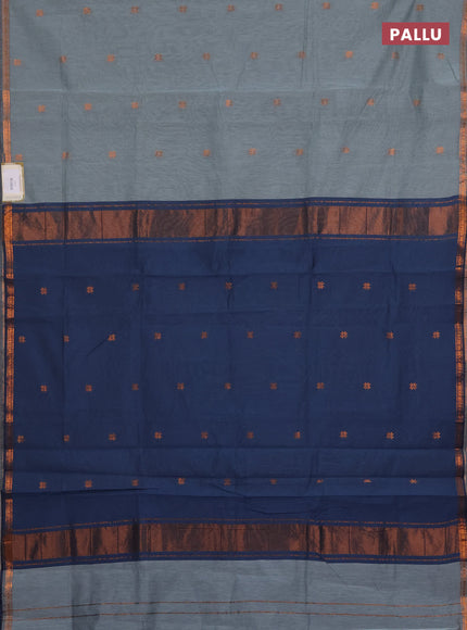 Semi maheswari cotton saree pastel green and grey shade with copper zari woven buttas and small copper zari woven border