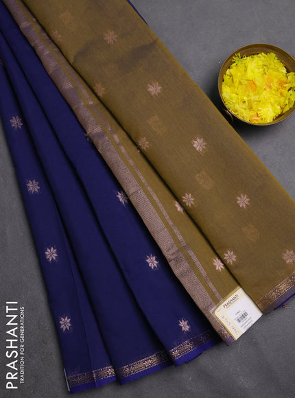 Semi maheswari cotton saree navy blue and mehendi green with copper zari woven buttas and small zari woven border