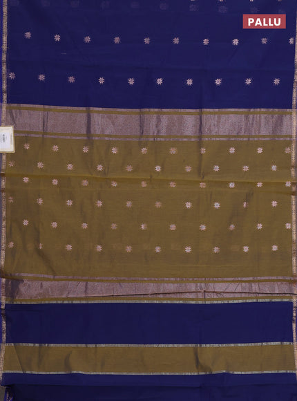 Semi maheswari cotton saree navy blue and mehendi green with copper zari woven buttas and small zari woven border
