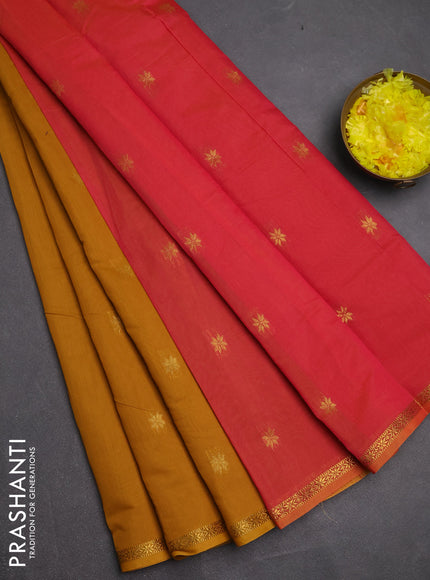 Semi maheswari cotton saree dark mustard and pink shade with zari woven buttas and small zari woven border