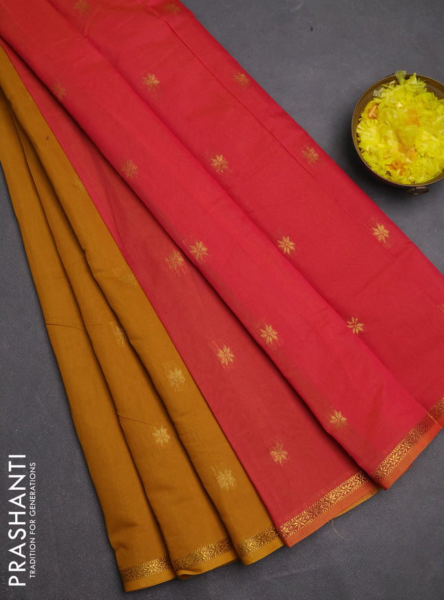 Semi maheswari cotton saree dark mustard and pink shade with zari woven buttas and small zari woven border