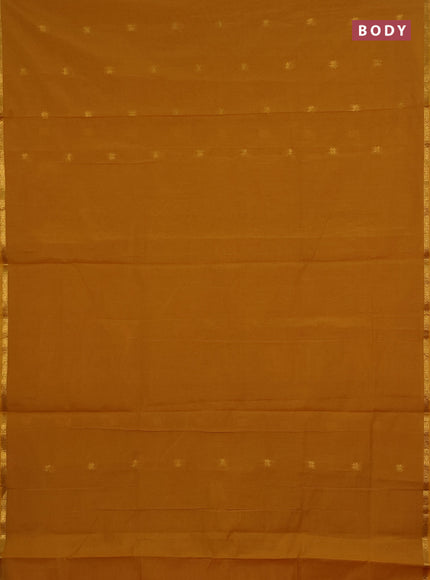 Semi maheswari cotton saree dark mustard and pink shade with zari woven buttas and small zari woven border