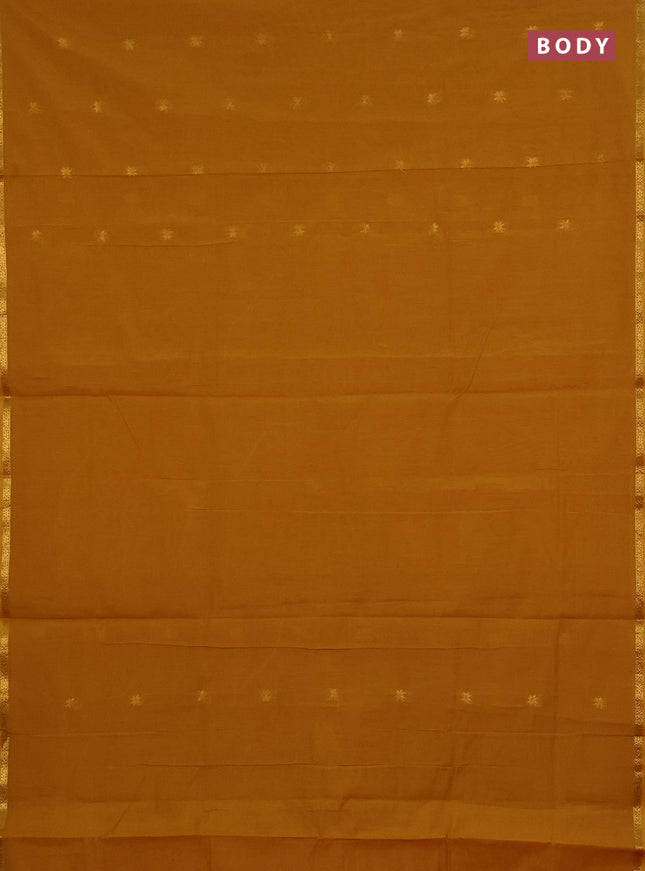 Semi maheswari cotton saree dark mustard and pink shade with zari woven buttas and small zari woven border