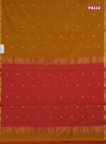 Semi maheswari cotton saree dark mustard and pink shade with zari woven buttas and small zari woven border
