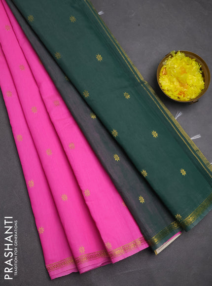 Semi maheswari cotton saree pink and green with zari woven buttas and small zari woven border