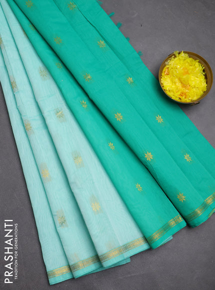Semi maheswari cotton saree teal green and green with zari woven buttas and small zari woven border