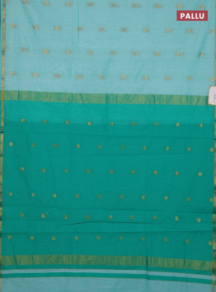 Semi maheswari cotton saree teal green and green with zari woven buttas and small zari woven border