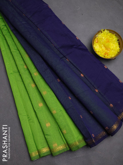 Semi maheswari cotton saree green and navy blue with copper zari woven buttas and small zari woven border