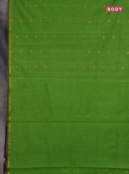 Semi maheswari cotton saree green and navy blue with copper zari woven buttas and small zari woven border