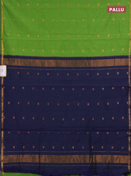 Semi maheswari cotton saree green and navy blue with copper zari woven buttas and small zari woven border