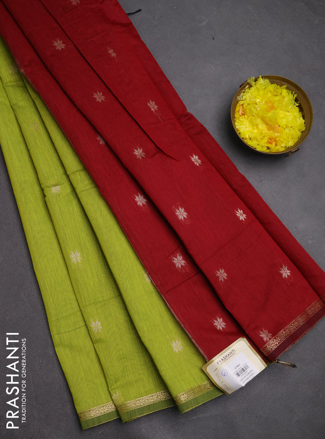 Semi maheswari cotton saree light green and maroon with zari woven buttas and small zari woven border