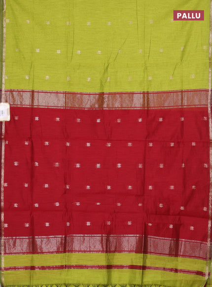 Semi maheswari cotton saree light green and maroon with zari woven buttas and small zari woven border