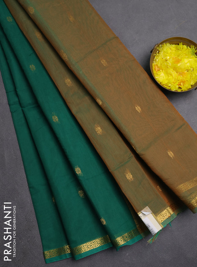 Semi maheswari cotton saree green and mustard shade with zari woven buttas and small zari woven border