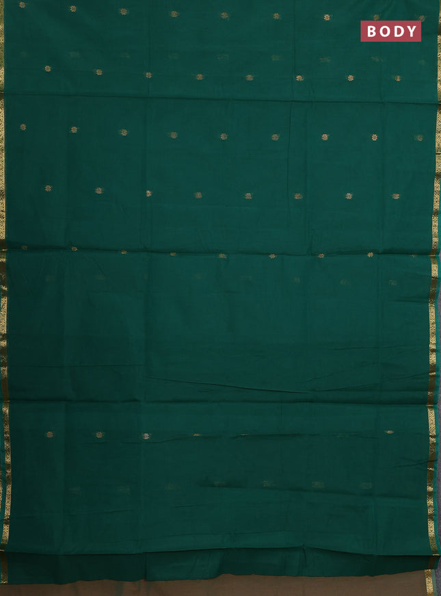 Semi maheswari cotton saree green and mustard shade with zari woven buttas and small zari woven border