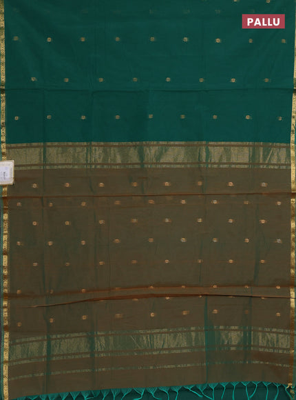 Semi maheswari cotton saree green and mustard shade with zari woven buttas and small zari woven border