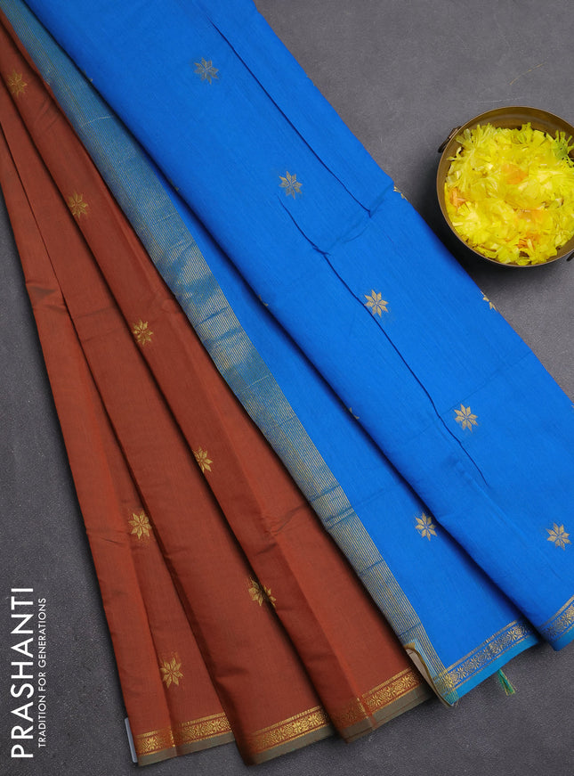 Semi maheswari cotton saree green and cs blue with zari woven buttas and small zari woven border