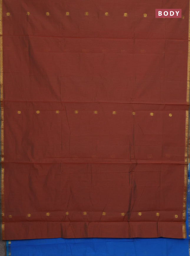 Semi maheswari cotton saree green and cs blue with zari woven buttas and small zari woven border