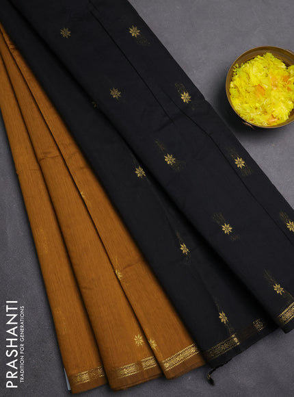 Semi maheswari cotton saree dark mustard and black with zari woven buttas and small zari woven border