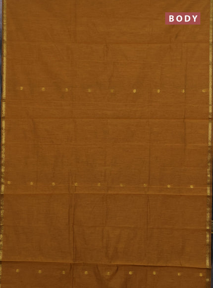 Semi maheswari cotton saree dark mustard and black with zari woven buttas and small zari woven border