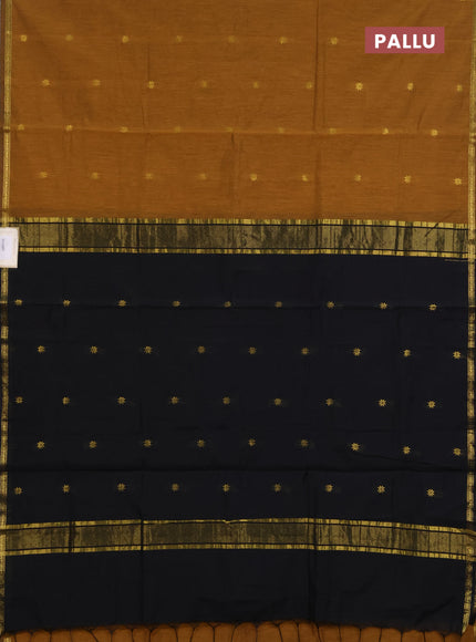 Semi maheswari cotton saree dark mustard and black with zari woven buttas and small zari woven border