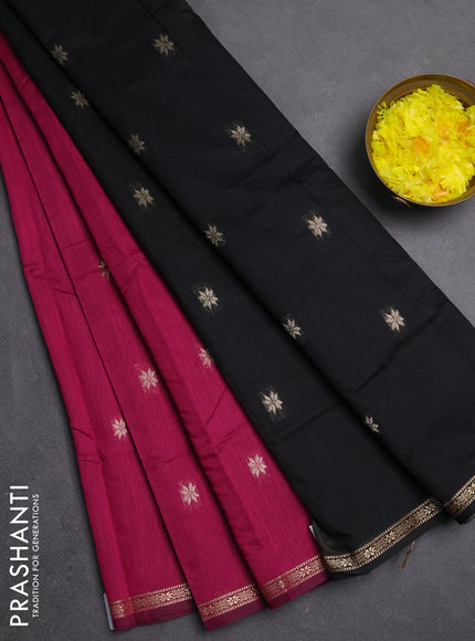 Semi maheswari cotton saree magenta pink and black with zari woven buttas and small zari woven border