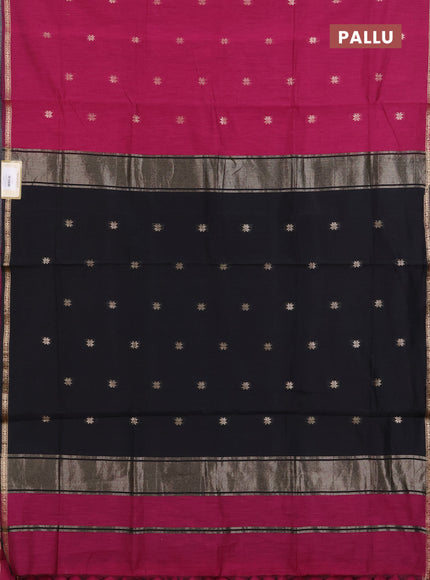 Semi maheswari cotton saree magenta pink and black with zari woven buttas and small zari woven border