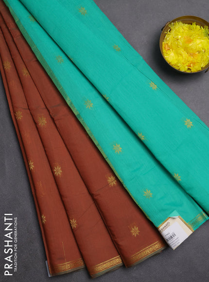 Semi maheswari cotton saree rustic orange and teal green with zari woven buttas and small zari woven border