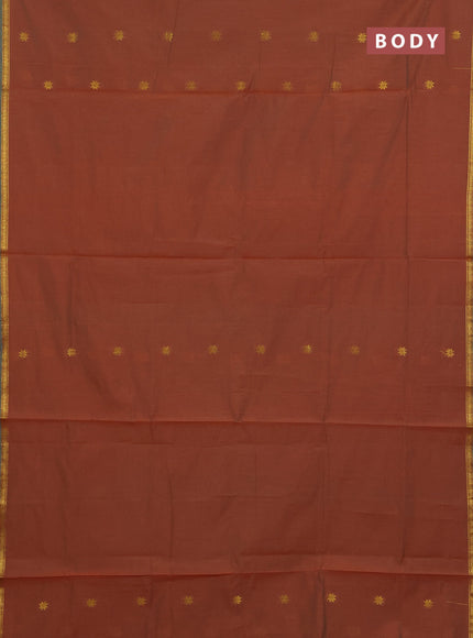 Semi maheswari cotton saree rustic orange and teal green with zari woven buttas and small zari woven border