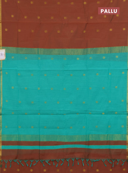 Semi maheswari cotton saree rustic orange and teal green with zari woven buttas and small zari woven border