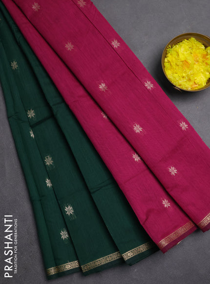 Semi maheswari cotton saree green and magenta pink with zari woven buttas and small zari woven border